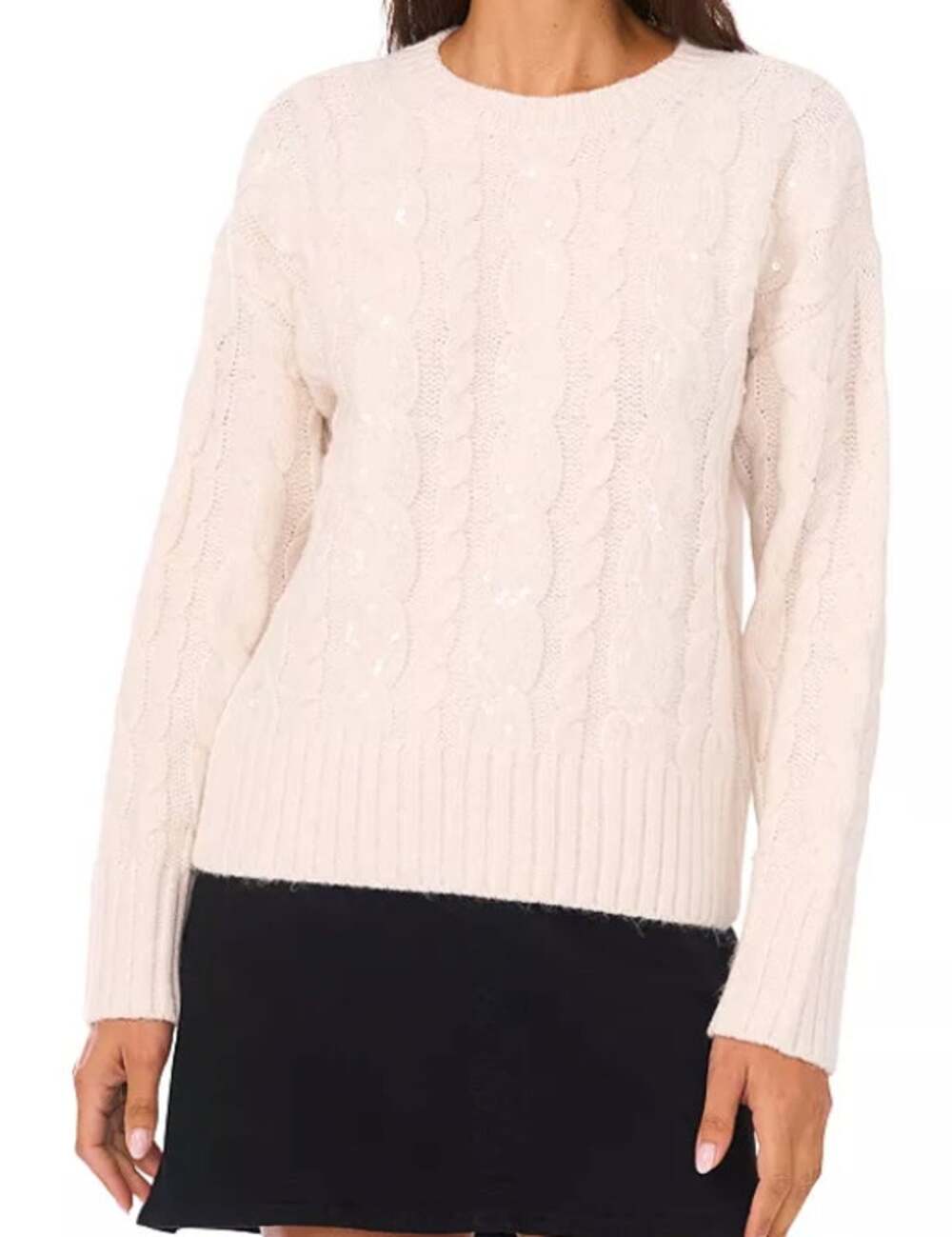 VINCE CAMUTO Sequin Cable Knit Long Sleeve Crewneck Sweater Ivory L